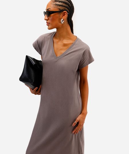 vestido longo feminino de algodão decote v cinza M