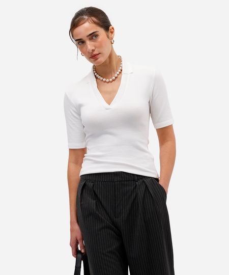 polo feminina de algodão manga curta canelada off white M polo feminina de algodão manga curta canelada off white M