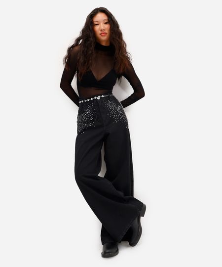 calça wide leg feminina jeans com brilhos preta 44