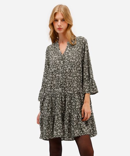 vestido curto de viscose com babados floral verde GG