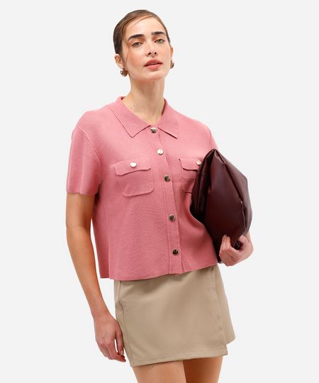 camisa feminina de tricot manga curta rosa M camisa feminina de tricot manga curta rosa M