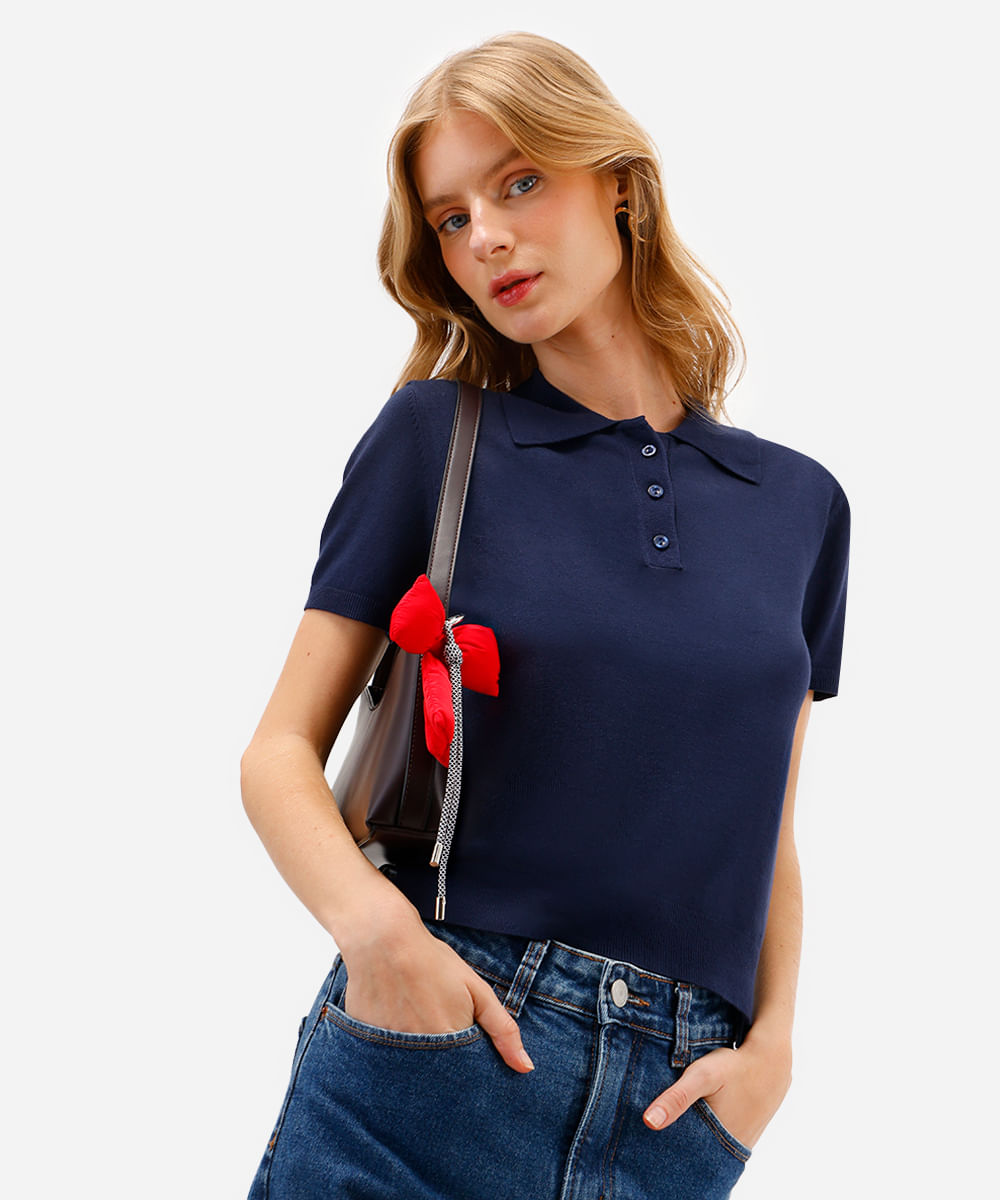 polo feminina de tricot manga curta azul
