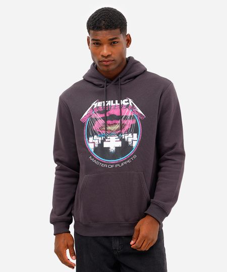 blusão masculino de moletom metallica com capuz cinza P