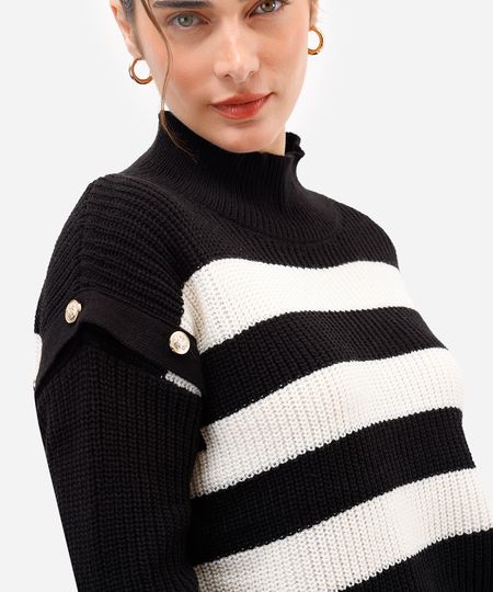 suéter feminino de tricot com botões listrado  preto P suéter feminino de tricot com botões listrado  preto P