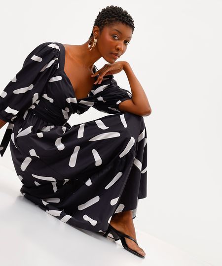 vestido longo feminino manga bufante estampado babi louise preto P vestido longo feminino manga bufante estampado babi louise preto P