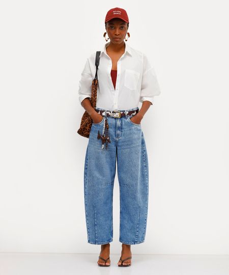 calça barrel feminina jeans cintura alta babi louise azul 34