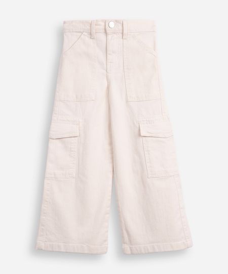 calça wide leg infantil de sarja com bolsos cargo off white 4 calça wide leg infantil de sarja com bolsos cargo off white 4