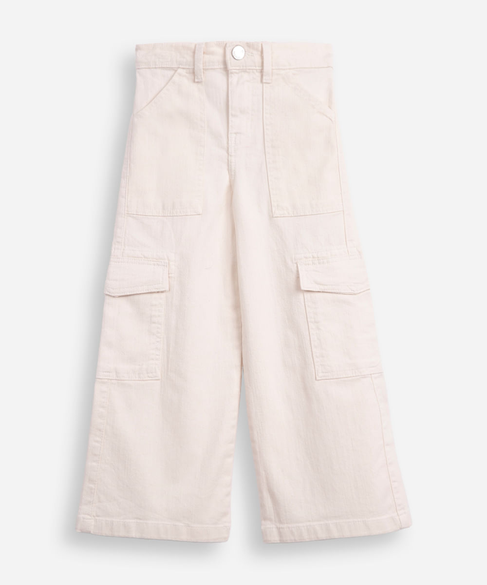 calça wide leg infantil de sarja com bolsos cargo off white