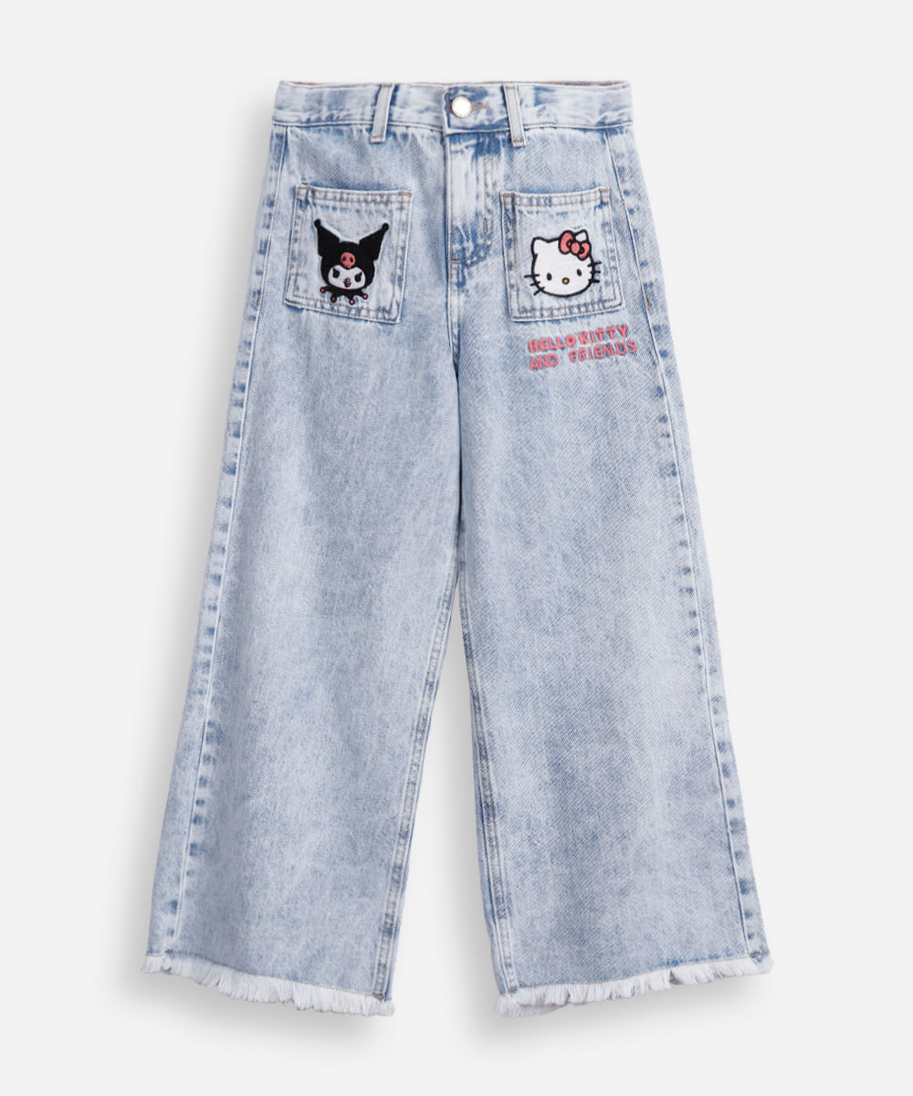 calça wide leg infantil jeans barra desfiada hello kitty azul