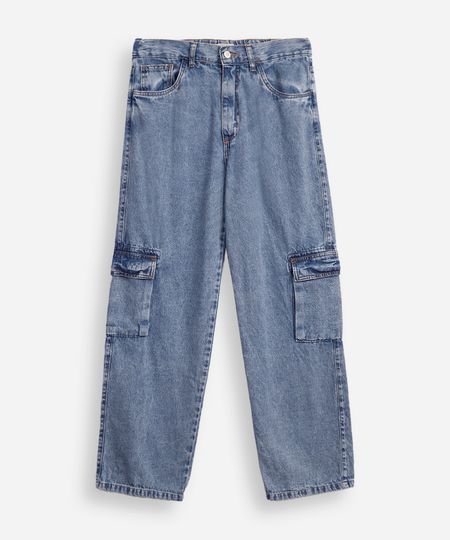 calça reta juvenil jeans com bolso cargo azul 12