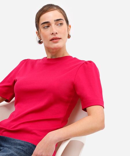 camiseta feminina de algodão peruano manga bufante rosa M