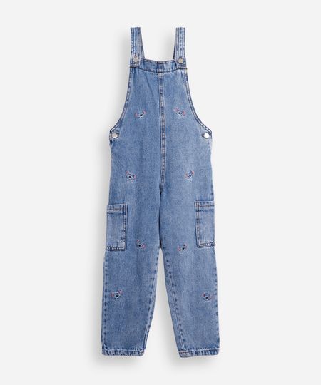 jardineira jeans infantil com bordado stitch azul 4