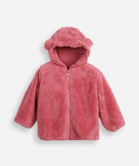 jaqueta infantil de pelúcia com capuz de orelhinha rosa 9-12