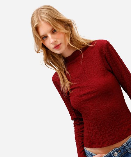 blusa feminina manga longa gola alta texturizada vinho PP blusa feminina manga longa gola alta texturizada vinho PP