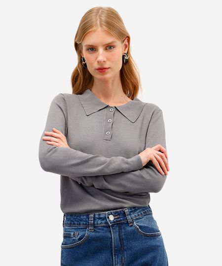 polo feminina de tricot manga longa cinza PP polo feminina de tricot manga longa cinza PP