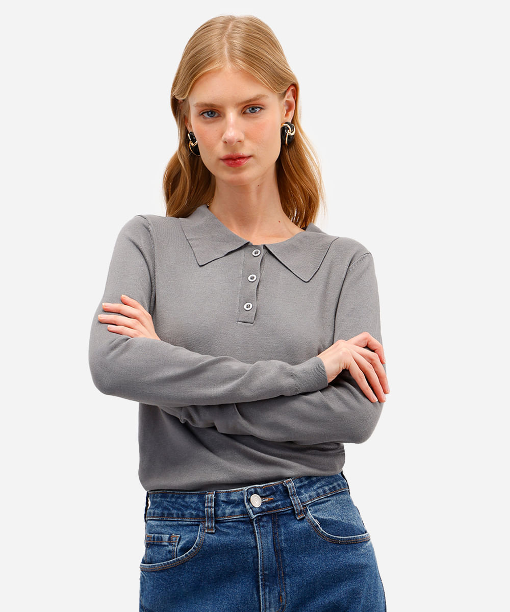 polo feminina de tricot manga longa cinza
