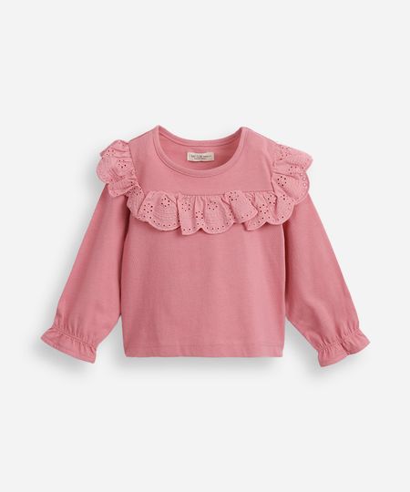 blusa infantil de algodão com babados em laise rosa 2