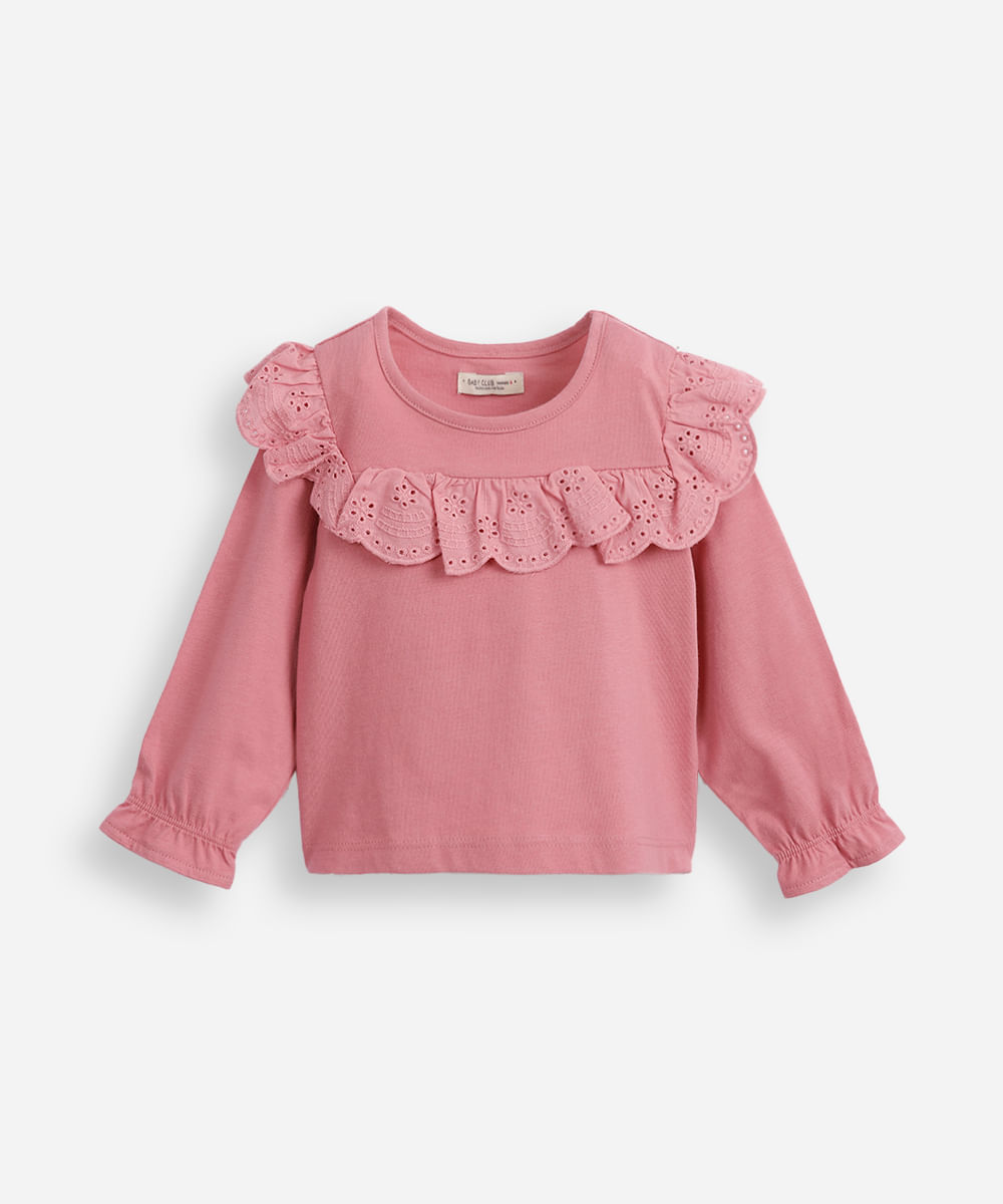 blusa infantil de algodão com babados em laise rosa
