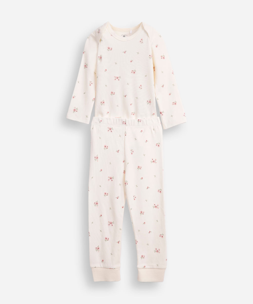 conjunto longo infantil de algodão floral off white