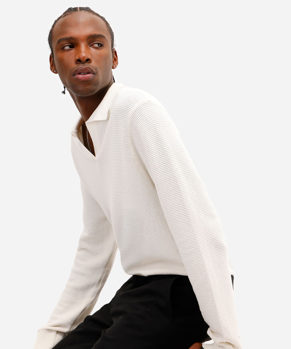 polo masculina de tricot manga longa off white