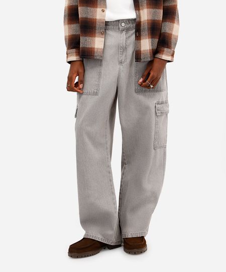 calça super baggy masculina jeans com bolsos cargo cinza 44