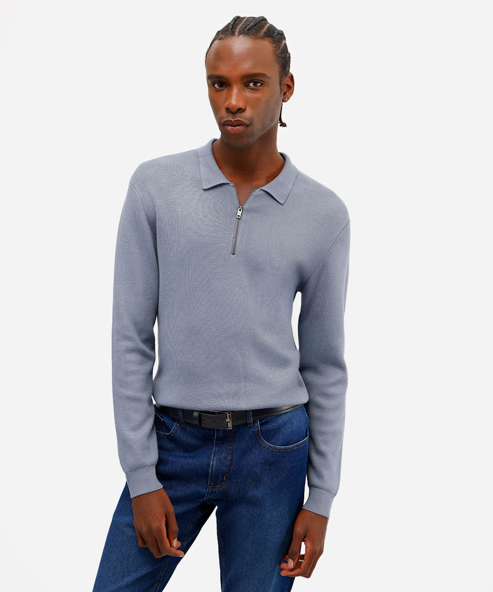 polo de tricot com zíper manga longa azul
