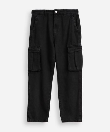 calça reta juvenil de sarja com bolso cargo preta 10