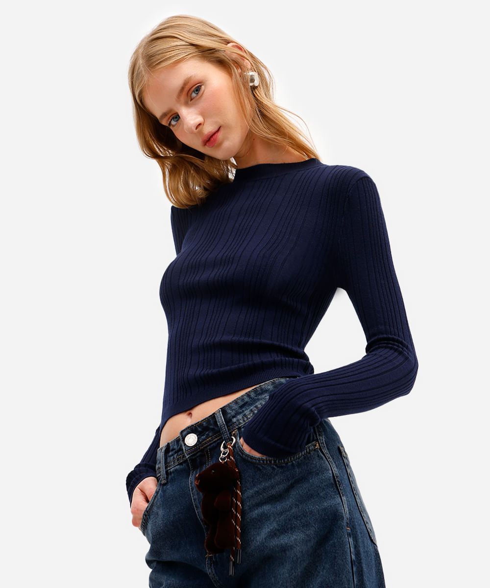 blusa básica feminina de tricot manga longa canelada azul