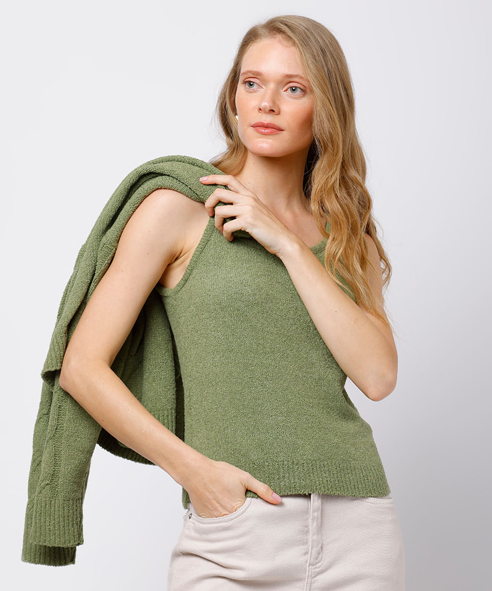 regata feminina de tricot texturizada mindset verde