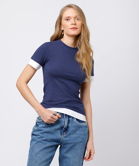 camiseta baby tee feminina de algodão com sobreposição mindset azul M