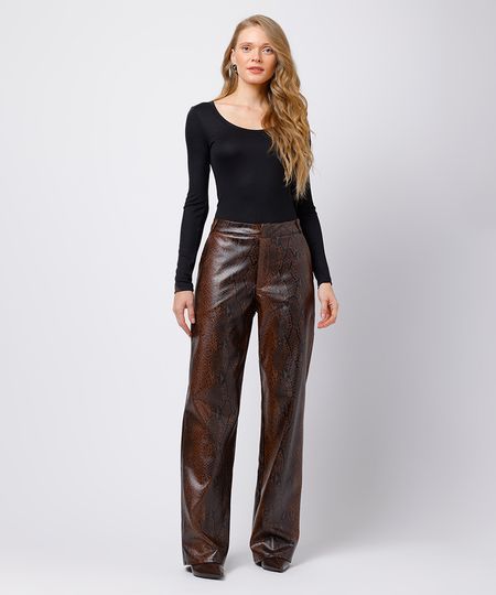 calça reta feminina de poliuretano animal print mindset marrom 36