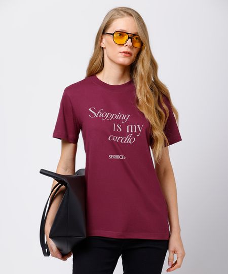 camiseta feminina de algodão shopping is my cardio mindset vinho GG
