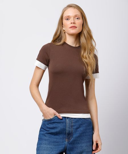 camiseta baby tee feminina de algodão com sobreposição mindset marrom PP camiseta baby tee feminina de algodão com sobreposição mindset marrom PP