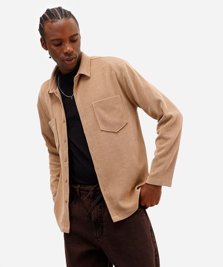 camisa masculina manga longa canelada bege G camisa masculina manga longa canelada bege G