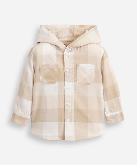 camisa de algodão infantil com capuz xadrez bege 1
