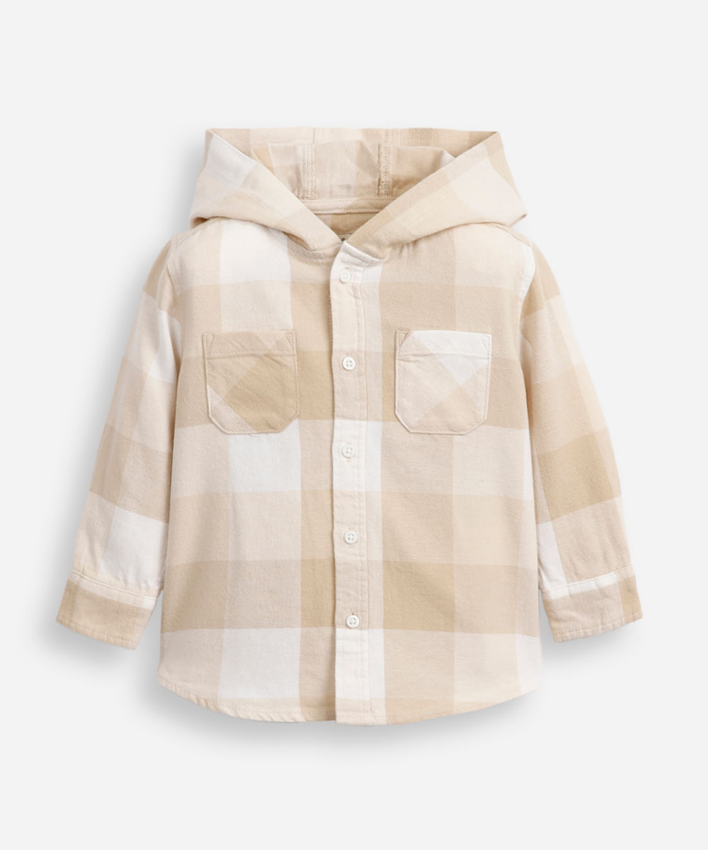 camisa de algodão infantil com capuz xadrez bege
