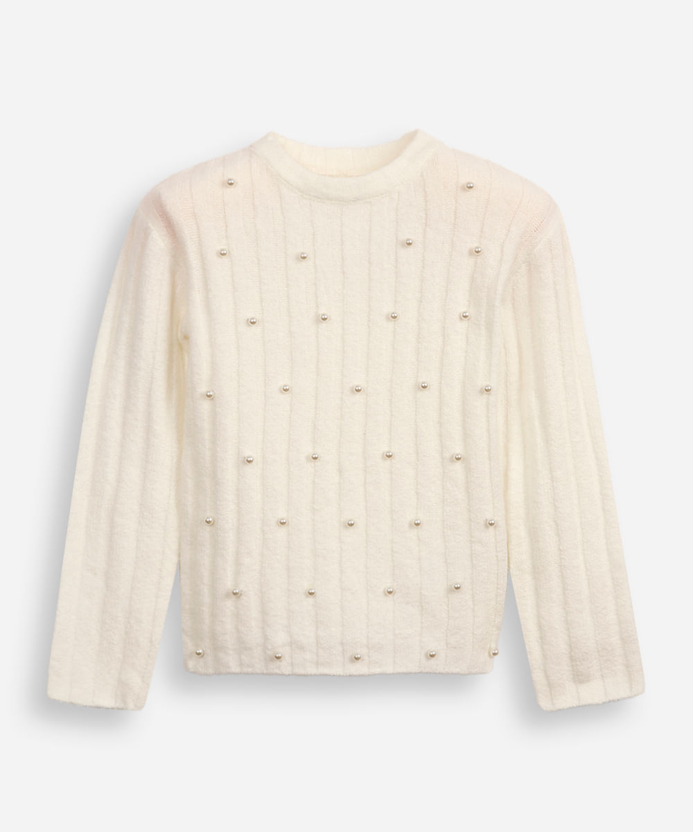suéter de tricot infantil com pérolas off white