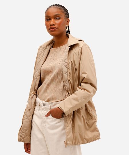 parka dupla face feminina alongada com capuz bege G