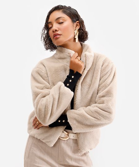 jaqueta bomber feminina de pelúcia bege M