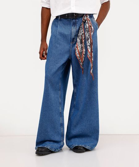 calça wide leg unissex jeans babi louise azul 46