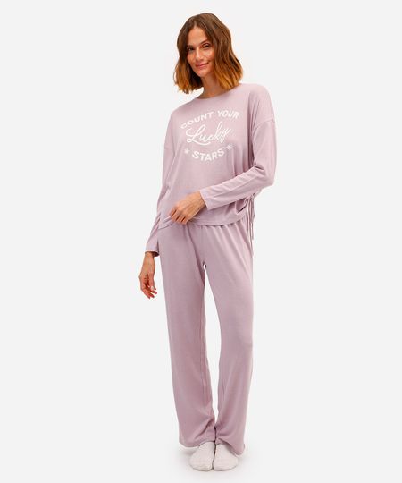pijama longo feminino estampado manga longa lilás PP