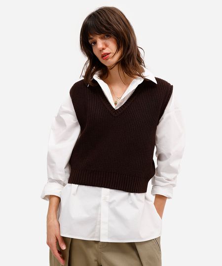 colete de tricot decote v marrom PP