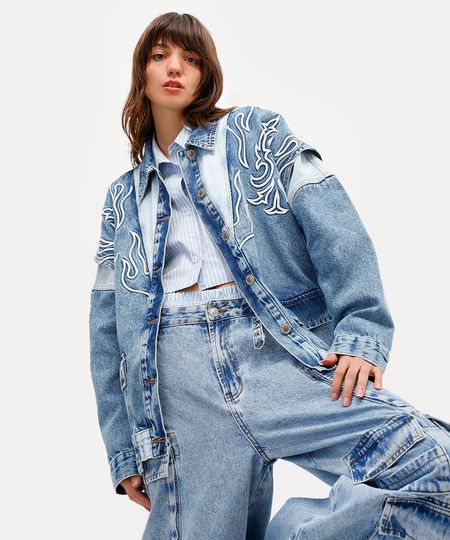 jaqueta oversized unissex jeans bordada daniel ueda azul PP