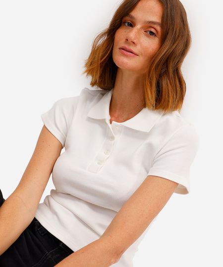 polo básica feminina de algodão manga curta canelada off white GG