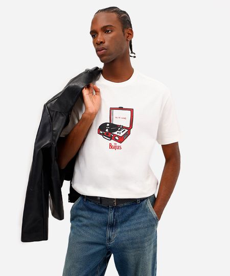 camiseta unissex de algodão vitrola the beatles off white G camiseta unissex de algodão vitrola the beatles off white G