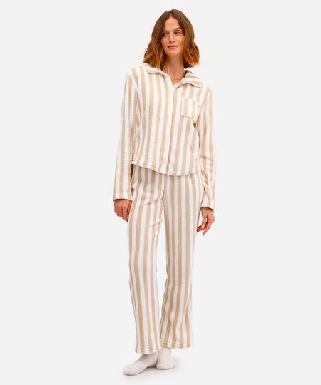 pijama americano feminino listrado bege P