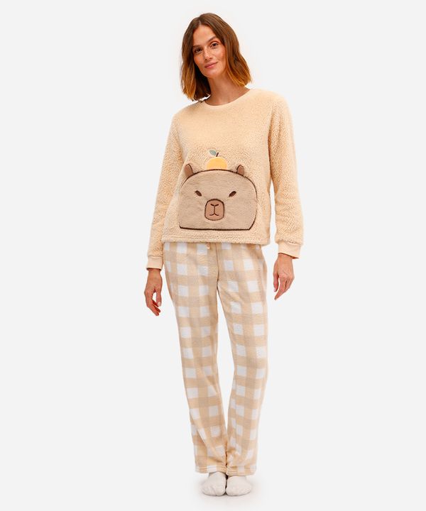 pijama longo feminino fleece capivara vichy bege P