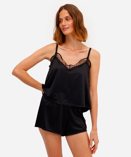 pijama short doll feminino acetinado com renda preta G pijama short doll feminino acetinado com renda preta G