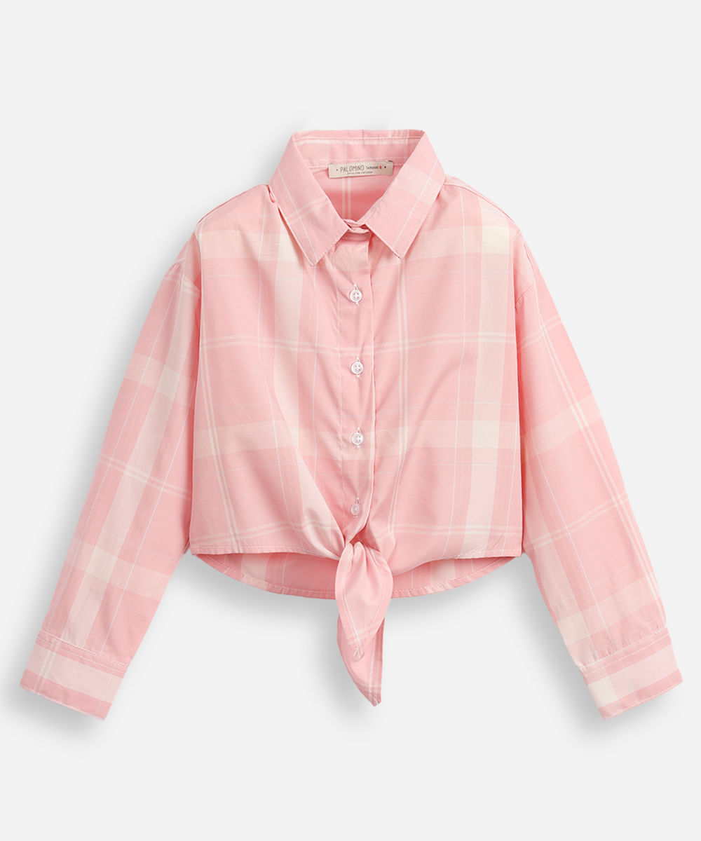 camisa infantil com nó xadrez rosa