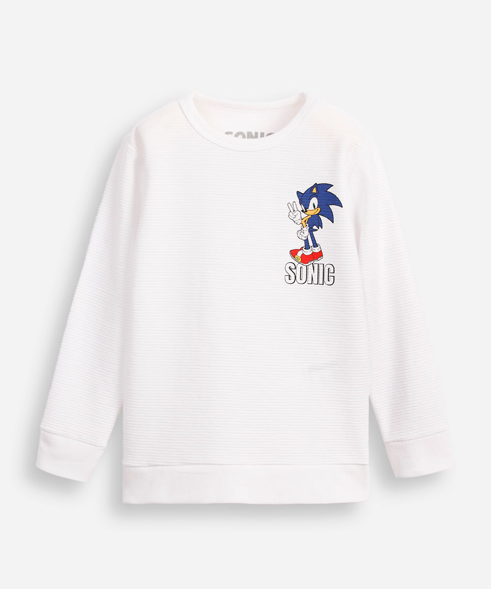 blusa de algodão texturizada infantil manga longa sonic branca